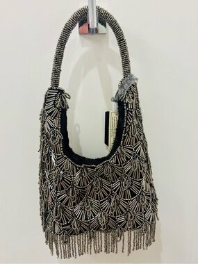 NWT Made in India Beaded Fringe retro 20’s Shoulder Bag - gunmetal